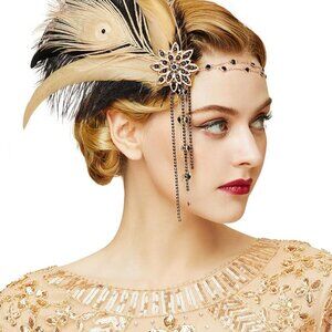 1920s Feather Crystal Headband Flapper Gatsby Headpiece for Women Black Gold